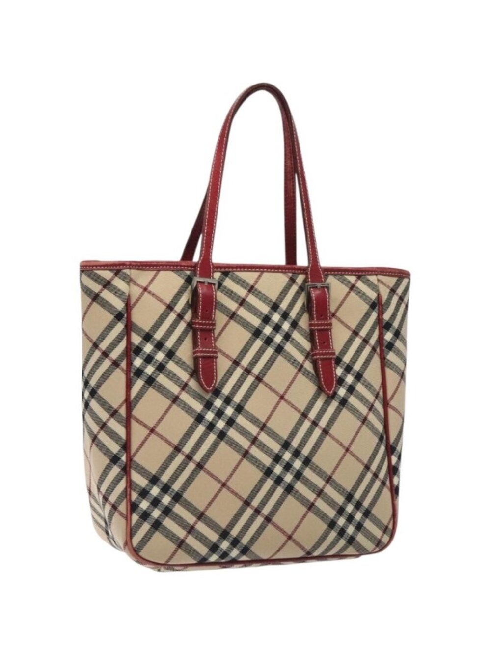 BURBERRY Nova Check Blue Label Tote Bag Canvas Beige Silver